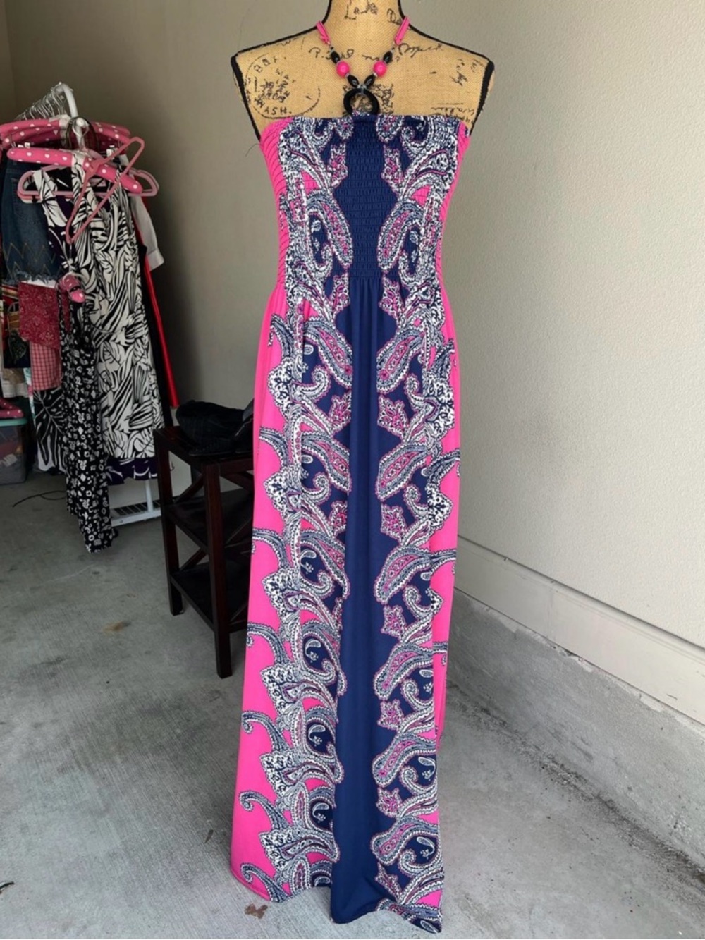 Halter Tie Pink & Navy Paisley Maxi Dress